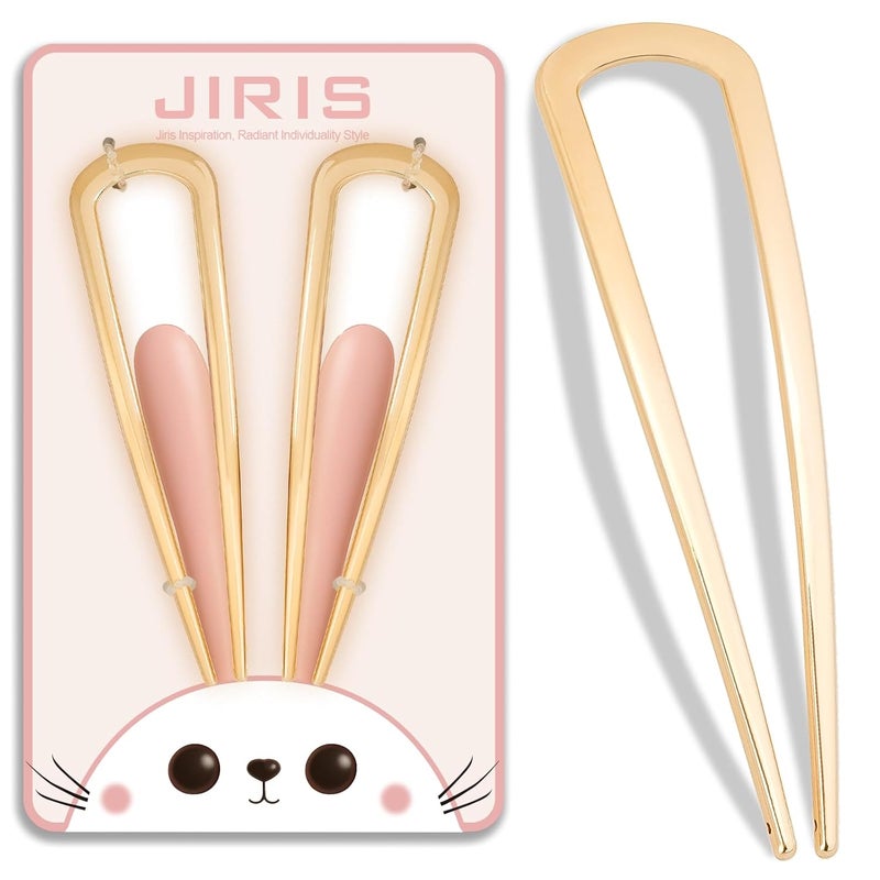 JIRIS 2PCS 4.2Inch French Hair Pins U-Shaped Pins for Women and Girls Fashion Metal Hair Pin French Twist Hair Pins for Buns, Updos,Stylish and Functional(set1-rabbit-gold) - Image 1